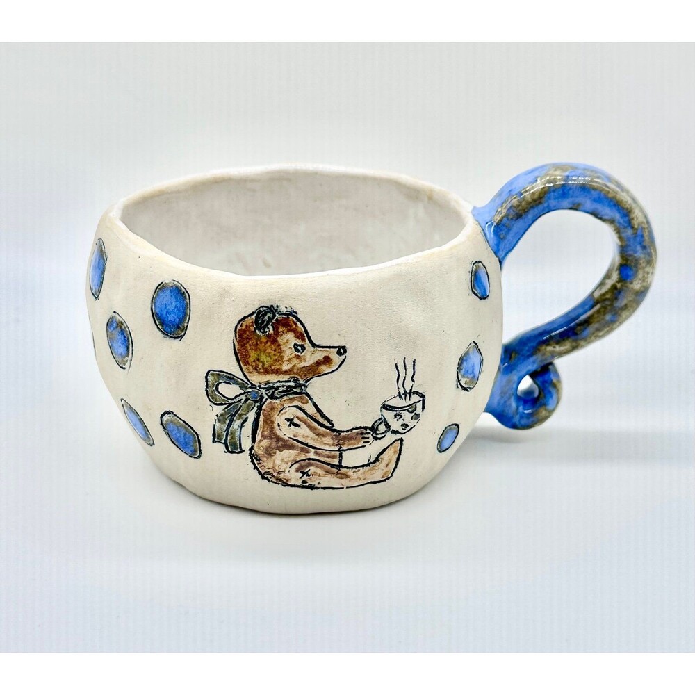Handmade Ceramic Teddy Bear Mug Cup Rustic, Organic shape blue-glazed handle